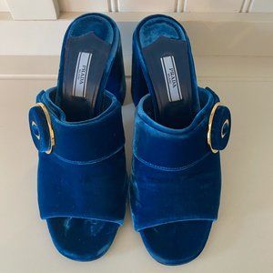 Prada Blue Suede Platform Slides